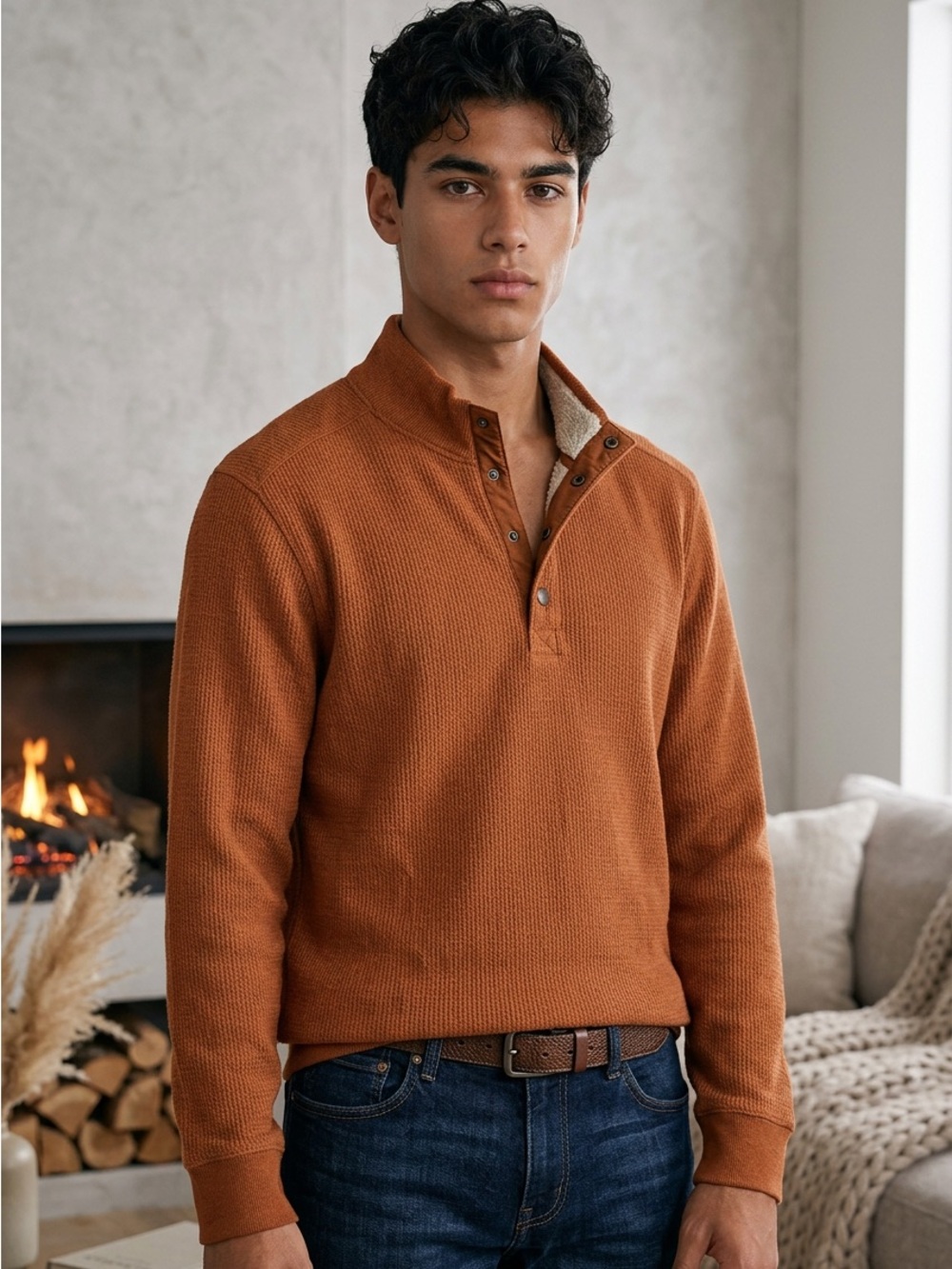 Eddie Bauer Half-Snap Waffle Knit Pullover Sweater - Rust